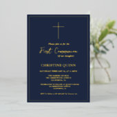 Elegant Blue Navy und Gold First Holy Communion Folieneinladung (Stehend vorne)