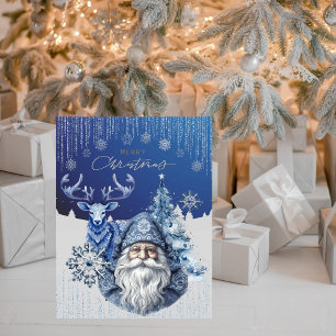 Elegant Blue Nordic Santa Christmas Cheer Feiertagskarte