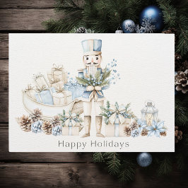 Elegant Blue Nutcracker Winter Sleigh Happy Feiertagskarte