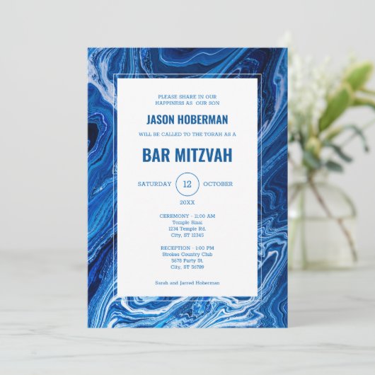 Elegant Blue Ocean Waves Bar Mitzvah Einladung (Stehend Vorderseite)
