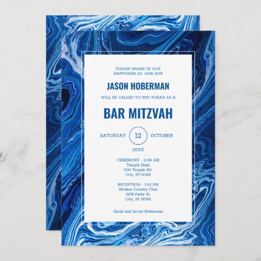 Elegant Blue Ocean Waves Bar Mitzvah Einladung (Vorne/Hinten)