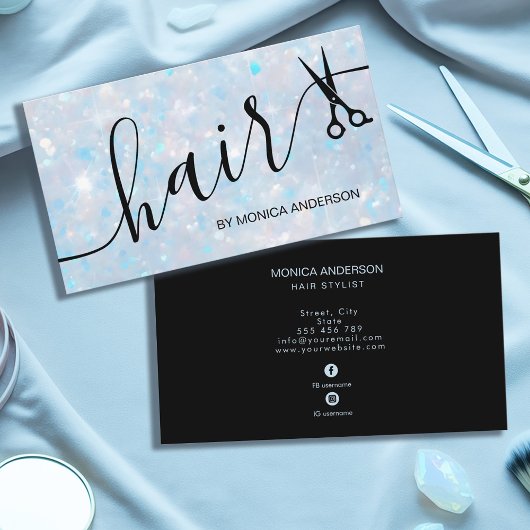 Elegant Blue Opal Glitter Hair Script Scissors Visitenkarte