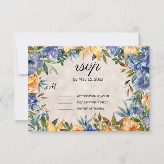 Elegant Blue Orange Blume Tiger Lilies Wedding RSVP Karte (Vorderseite)