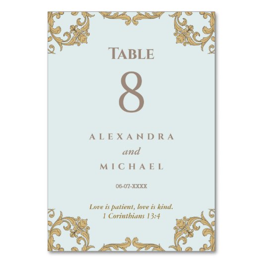 Elegant Blue Ornate Baroque Christian Wedding Tischnummer (Rückseite)