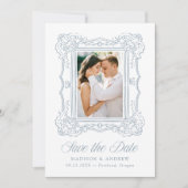 Elegant Blue Ornate Frame 2 Photo QR Code Wedding Save The Date (Vorderseite)