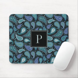 Elegant Blue Paisley Pattern Monogram Mousepad