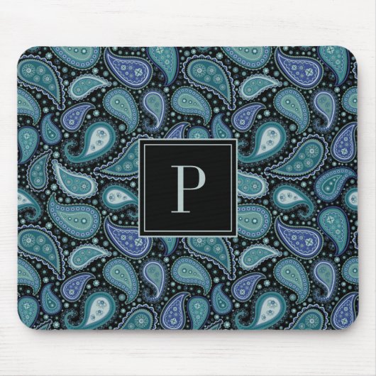 Elegant Blue Paisley Pattern Monogram Mousepad (Vorne)