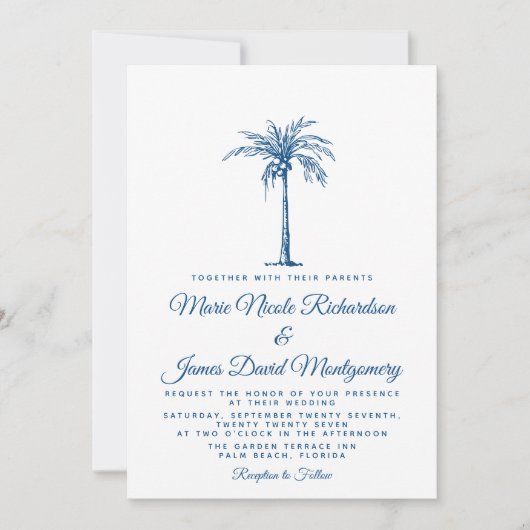Elegant Blue Palm Formal Beach Hochzeit Einladung (Vorderseite)