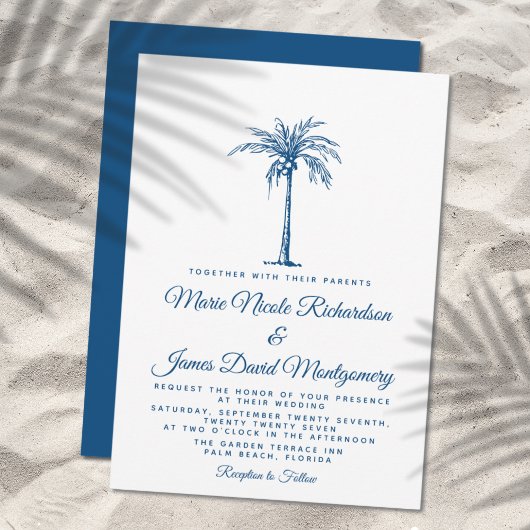 Elegant Blue Palm Formal Beach Hochzeit Einladung