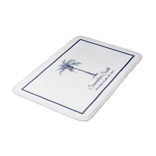 Elegant Blue Palm Tree Personalisiert Badematte (Schrägansicht)