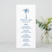 Elegant Blue Palm Tree Tropical Beach Hochzeit Menükarte (Stehend Vorderseite)