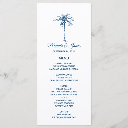 Elegant Blue Palm Tree Tropical Beach Hochzeit Menükarte (Vorderseite)