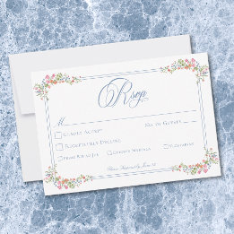 Elegant Blue Pastel Wildflower Border Wedding RSVP Karte