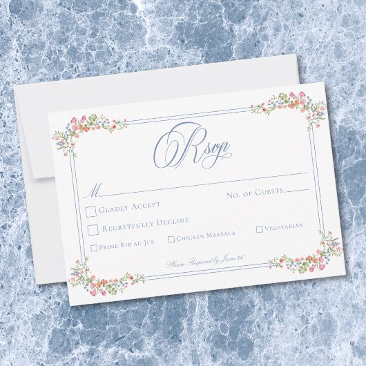Elegant Blue Pastel Wildflower Border Wedding RSVP Karte