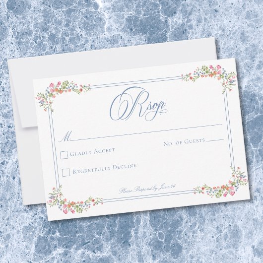 Elegant Blue Pastel Wildflower Border Wedding RSVP Karte