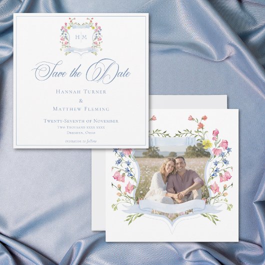 Elegant Blue Pastel Wildflower Crest Wedding Photo Save The Date