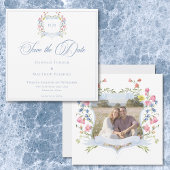 Elegant Blue Pastel Wildflower Crest Wedding Photo Save The Date