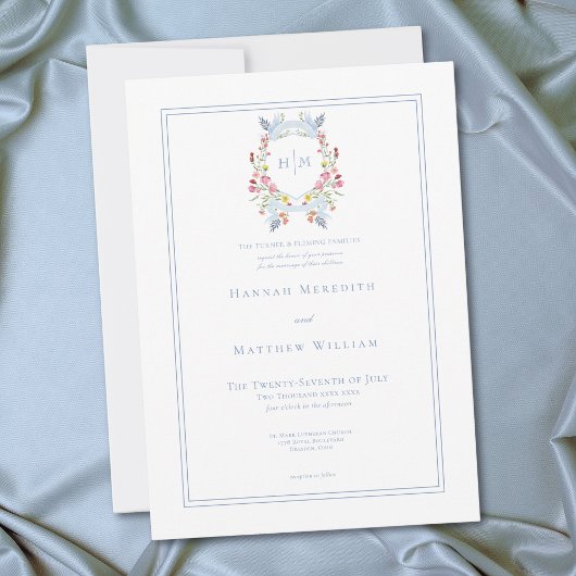 Elegant Blue Pastel Wildflower Regal Crest Wedding Einladung