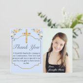 Elegant Blue Peach Floral Confirmation Dankeskarte (Stehend Vorderseite)