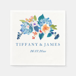 Elegant Blue & Peach Floral Wedding Napkin Serviette