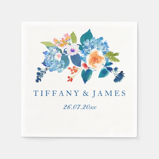 Elegant Blue & Peach Floral Wedding Napkin Serviette (Vorderseite)