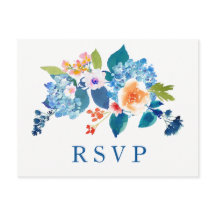 Elegant Blue Peach Floral Wedding RSVP Einladung