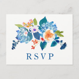 Elegant Blue Peach Floral Wedding RSVP Einladung