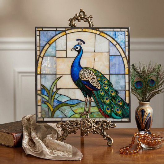 Elegant Blue Peacock Faux Stained Glass Mosaic Art Fliese