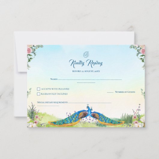 Elegant Blue Peacock Floral Indian Wedding Theme RSVP Karte (Vorderseite)