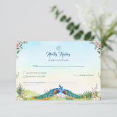 Elegant Blue Peacock Floral Indian Wedding Theme RSVP Karte (Stehend Vorderseite)