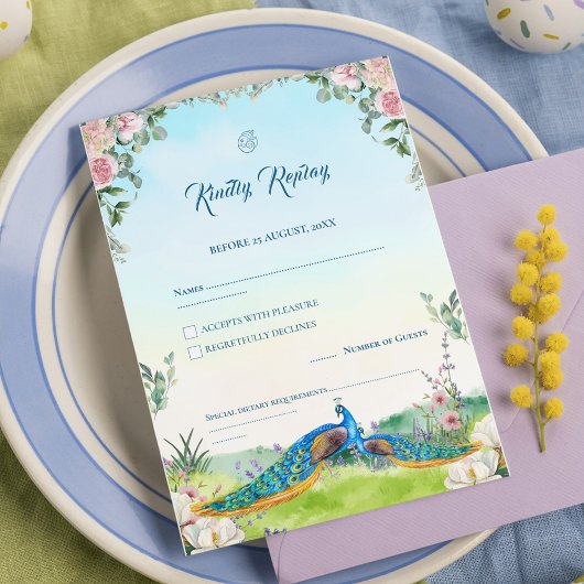 Elegant Blue Peacock Floral Wedding Theme RSVP Karte