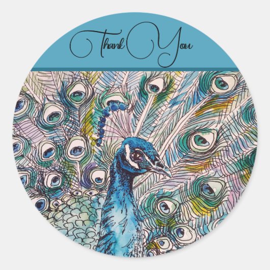 Elegant Blue Peacock Watercolor Kunst, Dichtung un Runder Aufkleber (Vorderseite)