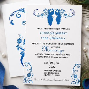 Elegant Blue Peakcock Wedding Invitation 5"x7" Einladung