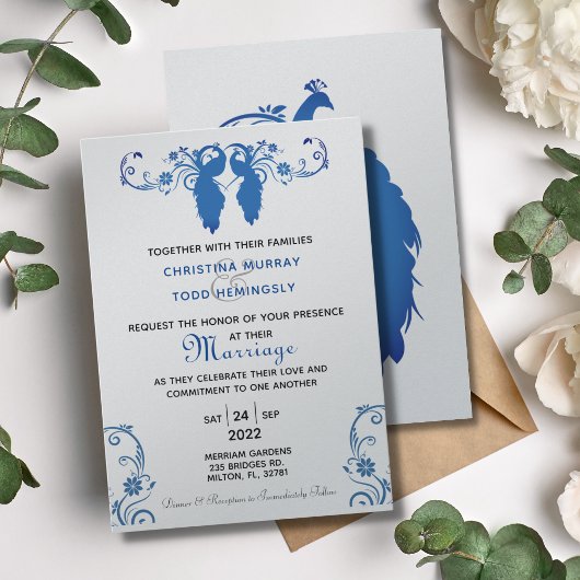 Elegant Blue Peakcock Wedding Invitation 5"x7" Einladung