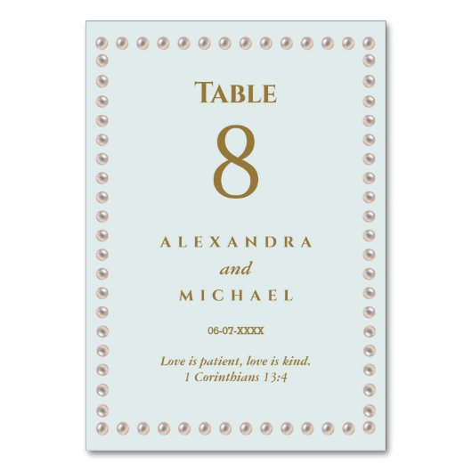 Elegant Blue Pearl Christian Wedding Tischnummer (Rückseite)