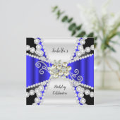 Elegant Blue Pearl Schwarz-weiß Diamond Geburtstag Einladung (Stehend Vorderseite)