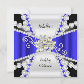 Elegant Blue Pearl Schwarz-weiß Diamond Geburtstag Einladung (Vorderseite)