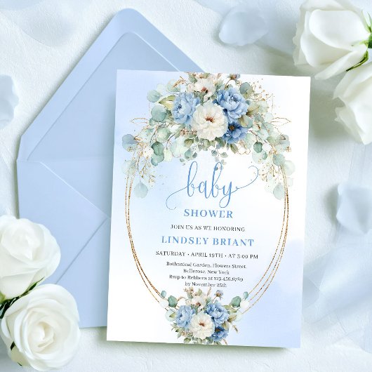 Elegant Blue Peonies Greenery Baby Shower Invite Einladung