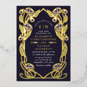 Elegant Blue Peony Art Nouveau Wedding All in One Folieneinladung (Vorderseite)