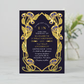 Elegant Blue Peony Art Nouveau Wedding All in One Folieneinladung (Stehend vorne)