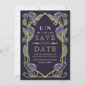 Elegant Blue Peony Art Nouveau Wedding Photo Save The Date (Vorderseite)