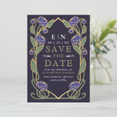 Elegant Blue Peony Art Nouveau Wedding Photo Save The Date (Stehend Vorderseite)