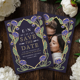 Elegant Blue Peony Art Nouveau Wedding Photo Save The Date
