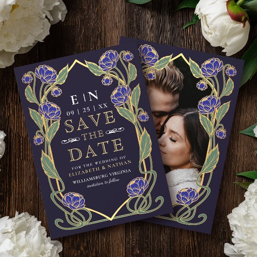 Elegant Blue Peony Art Nouveau Wedding Photo Save The Date