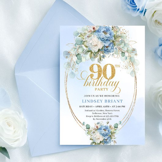 Elegant Blue Peony Gold 90th Birthday Invitation Einladung