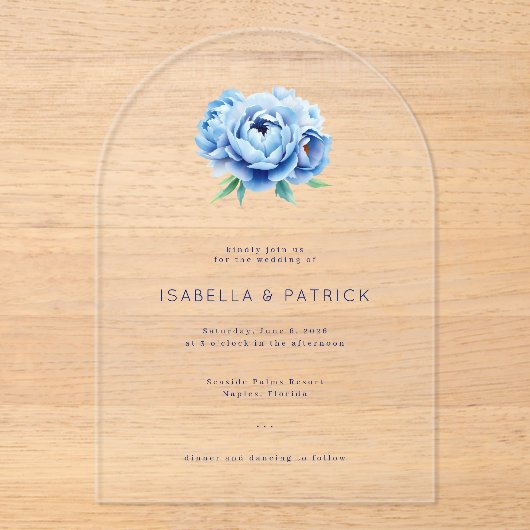 Elegant Blue Peony Wedding Invitation Acryleinladungen (Vorderseite)