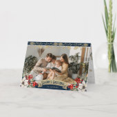 Elegant Blue Photo Holly Red Berries Poinsettia Karte (Vorderseite)