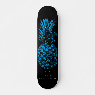 Elegant Blue Pineapa Monogramm Minimalistisch Skateboard