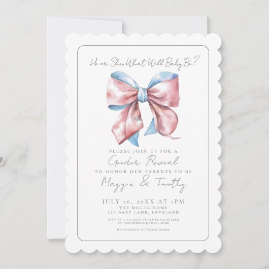 Elegant Blue Pink Bow Gender Reveal Einladung (Vorderseite)