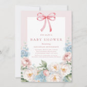 Elegant Blue Pink Floral Bow Baby Dusche Einladung (Vorderseite)